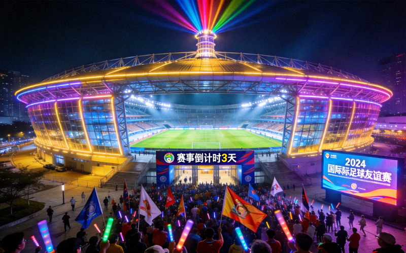 现代化体育场馆夜景灯光璀璨，即将迎来重大足球赛事，气氛热烈